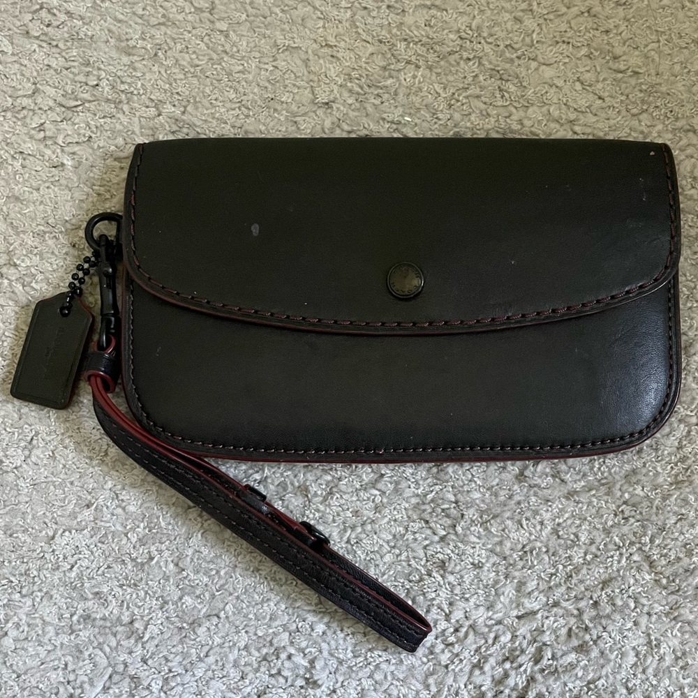 COACH Black Leather Wallet | Purple / Red Interior and Accents | 7”L x 3.5”H